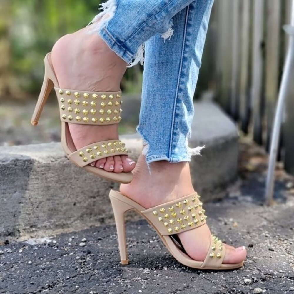 Taupe Stiletto Heel Sandals Double Band Gold Studs Pull-On Shoes - Picture 2 of 5